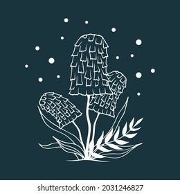 Magic celestial mushrooms. Floral fungi, fungus with leaves.