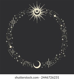 Magic celestial round frame with sun, stars, moon, crescents and copy space. Mystic frame for tarot, esoteric, astrology design. Template for poster and prints.