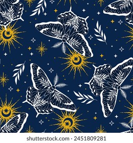 Magic celestial seamless pattern with butterflies. Boho magic background with space elements stars, butterflies. Vector doodle texture.