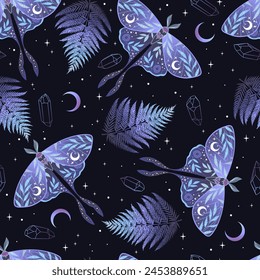 Magic celestial seamless pattern with butterflies. Boho magic background with ferns, stars, butterflies. Vector doodle texture.