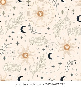 Patrón celestial mágico sin fisuras con estrellas, plantas y sol. Patrón boho para astrología, esotérico, tarot, místico y mágico. Ilustración vectorial sobre fondo beige