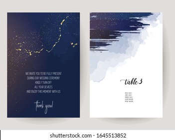 Magic celestial sky vector design cards. Night dark blue clouds with sparkling stars wedding invitations. Watercolor splash style. Gold glitter splash background. Scattered dust. Midnight milky way