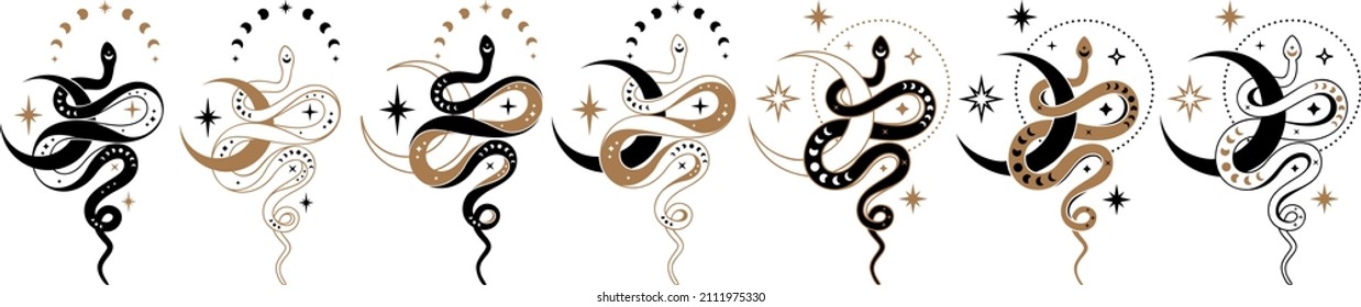 Magic celestial snake with crescent moon,star and moon phases. Mystical witchy symbol. Cosmic scene with serpent and celestial bodies. Boho style print logo tattoo designs