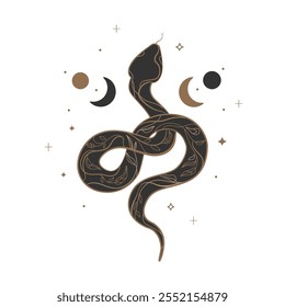 Magic celestial snake with floral pattern moon and stars hand drawn line art style. Floral magic Snake with half moon Logo, print, tattoo Boho design. Mystical witchy symbol. Vector illustration