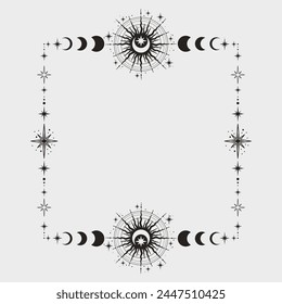 Magischer Himmelskörper mit Sonne, Sternen, Mond, Halbmonden und Kopierraum. Mystischer Rahmen für Tarot, Esoterik, Astrologie Design. Schwarze Farbe