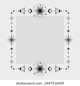 Magic celestial square frame with sun, stars, moon, crescents and copy space. Mystic frame for tarot, esoteric, astrology design. Black color