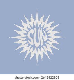 Magic celestial Sun silhouette on light blue background with the inscription Sun inside. Vector design element for branding, t-shirt printing, packaging. Modern abstract illustration in boho style.