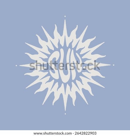 Magic celestial Sun silhouette on light blue background with the inscription Sun inside. Vector design element for branding, t-shirt printing, packaging. Modern abstract illustration in boho style.
