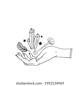 magic celestial  with woman hands, key, feather and crystal sacred geometry isolated. Spiritual occultism object.