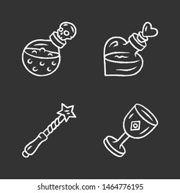 Magic chalk icons set. Magical death and love potions, witch wand, ceremonial chalice. Witchcraft, occult ritual items. Mystery objects. Isolated vector chalkboard illustrations