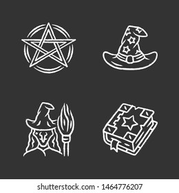 Magic chalk icons set. Pentagram, wizard hat, witch, spell book. Witchcraft, occult ritual items. Mystery objects. Isolated vector chalkboard illustrations