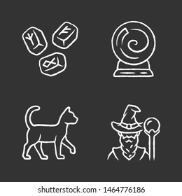 Magic chalk icons set. Runestones, fortune telling crystal ball, witch cat, wizard. Witchcraft and sorcery halloween symbols. Isolated vector chalkboard illustrations