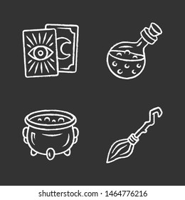 Magic chalk icons set. Tarot cards, potion, witch cauldron and broomstick. Witchcraft and sorcery Halloween items. Isolated vector chalkboard illustrations