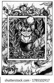 Magic character, fabulous swamp creature, creepy, with three eyes, thin horns, large and long ears, sharp teeth, and fish tail with fins, sitting at the bottom of swamp, among algae and jellyfish.