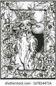 Magic character, fairytale creature, cute, forest resident, with big eyes. In a flower wreath on his head, with large ears and long branched horns, who lives among beautiful flowers and mushrooms.