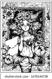 Magic character, fairytale creature cute forest dweller, flower with heart and branch growing out of he body with bird sitting on it, with big ears, twisted horn, with wings and floral wreath on head.
