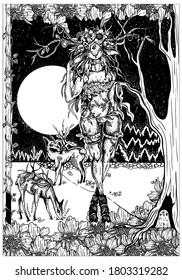 Magic character, fairytale dark creature, mysterious, beautiful girl deer with long branching horns and flower wreath on her head, in leaves and straps, among the dark forest, big moon and deers.