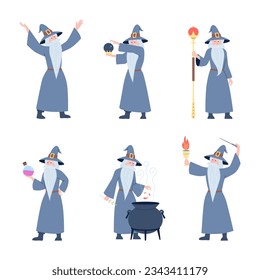 Magic character, old wizard cartoon set. Sorcerer action, medieval magician man in costume. Cute wise male with beard recent vector clipart