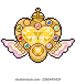 Magic charm with gold frame, colorful small gems and small wings also big yellow crystal in the center of the charm for lucky charm vector pixel art for sticker, icon, element game
