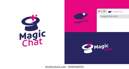 Magic Chat Logo Design. Der Hut des Grafik-Assistenten mit einem Chat-Zeichen im Symbol für Corporate Identity.