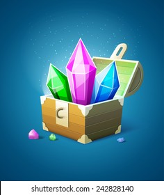 Magic chest trunk with precious stone crystals. Eps10 vector illustration
