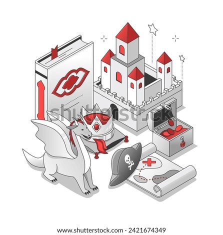 Magic childhood - isometric black and red line illustration. Clean, stylish art with thin fine design. Fantasy world created by a child imagination. Adventures, dreams, pirates, castles, kingdom