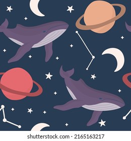 magic childish design with blue whales in the galaxy space