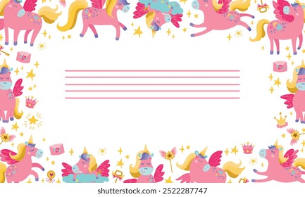 Magic childrens template with unicorn. Colorful banner with cute horses for your design.