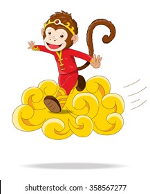 Magic Chinese Monkey flying on a floating golden cloud / Chinese New Year