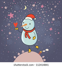 Magic Christmas background. Cartoon snowman