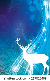 Magic Christmas background with silhouette of a deer.