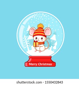 Magic christmas ball with mouse inside on a blue background. Vector illustration on a Christmas theme. Cute animal with a gift in his hand.
