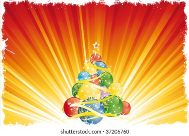Magic Christmas ball tree and vertical red golden stripes in background