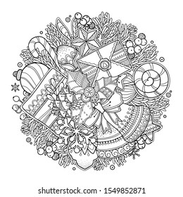 Magic Christmas bouquet composition in doodle style. Floral, ornate, decorative design elements. Black and white background with a 
Christmas tree, gifts, candy, berries. Coloring book page