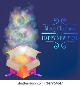 Magic Christmas Box, vector illustration. Happy New Year