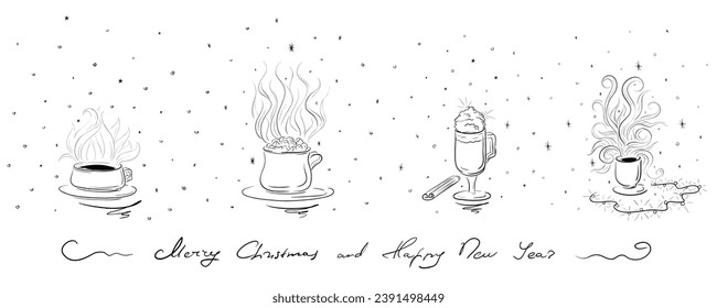 Magic Christmas coffee. Horizontal set of hand-drawn coffee cups decorated with snow and stars. Stylized sketch coffee.