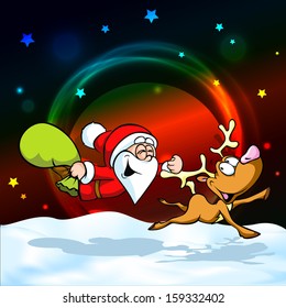 magic christmas eve - funny vector illustration of santa with reindeer distributes gifts