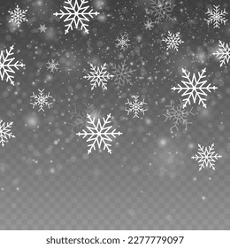 Magische Weihnachten sogar Schneefall. Viele weiße, kalte Flitterelemente. Fallende Weihnachten leuchtend schönen Schnee mit Schneeflocken. Weihnachtsschneeflocken in verschiedenen Formen und Formen. Vektorgrafik