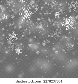 Magic Christmas eve snowfall. Many white cold flake elements. Xmas snowflakes in different shapes and forms. Falling Christmas shining transparent beautiful snow with snowdrifts. Vector illustration