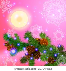 Magic Christmas illustration. The spruce branches with cones on bright sun and winter snowflakes.
