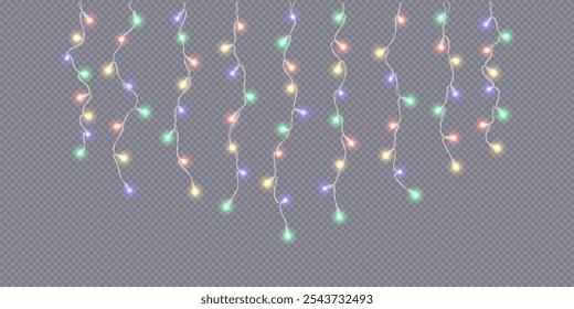 Magic Christmas lights curtain realistic vector icon. Multicolor glowing garlands at New Year party 3d object illustration on transparent background