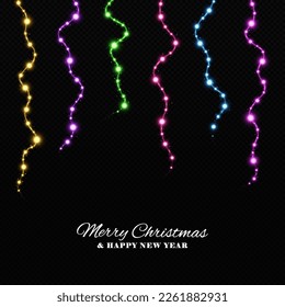 Magic Christmas lights. Sparkle colorful Christmas garlands string. Glowing bulbs for Xmas cards. Christmas concept.