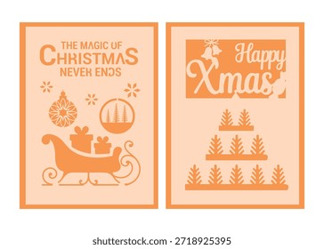 La magia de las Navidades nunca termina, y las tarjetas de felicitación de las Navidades felices con los regalos del trineo y los árboles Vector