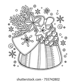 Magic Christmas, New Year composition in doodle style. Floral, ornate, tribal, decor design elements. Black and white background. Gift, tag, pine cone, branches and snow. Zentangle coloring book page