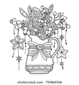 Magic Christmas, New Year composition in doodle style. Floral, ornate, tribal, decor design elements. Black and white background. Bouquet  berries, stars, branches in jug. Zentangle coloring book page