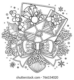 Magic Christmas, New Year composition in doodle style. Floral, ornate, tribal, decor design elements. Black and white background. Presents, Santa letter, branches. Zentangle coloring book page