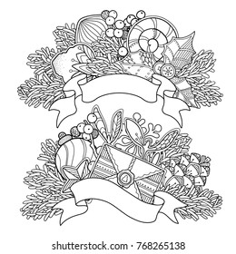 Magic Christmas, New Year compositions set in doodle style. Floral, ornate, design elements. Black and white background. Banners, decor, branches. Zentangle coloring book page