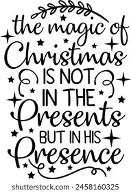 The Magic Of Christmas Is Not In The Presents But In His Presence Christmas Holiday Typography Design