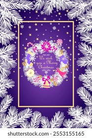 Cartão roxo de Natal mágico com vinheta de ramos de coníferas e coroa decorativa artesanal para saudações de férias de inverno, convite da festa