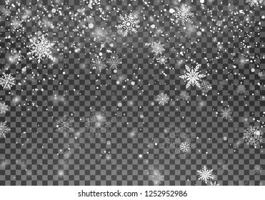 Magic Christmas snow. Abstract Snowfall holiday background. Falling snowflakes on dark background. Vector illustration isolated on transparent background